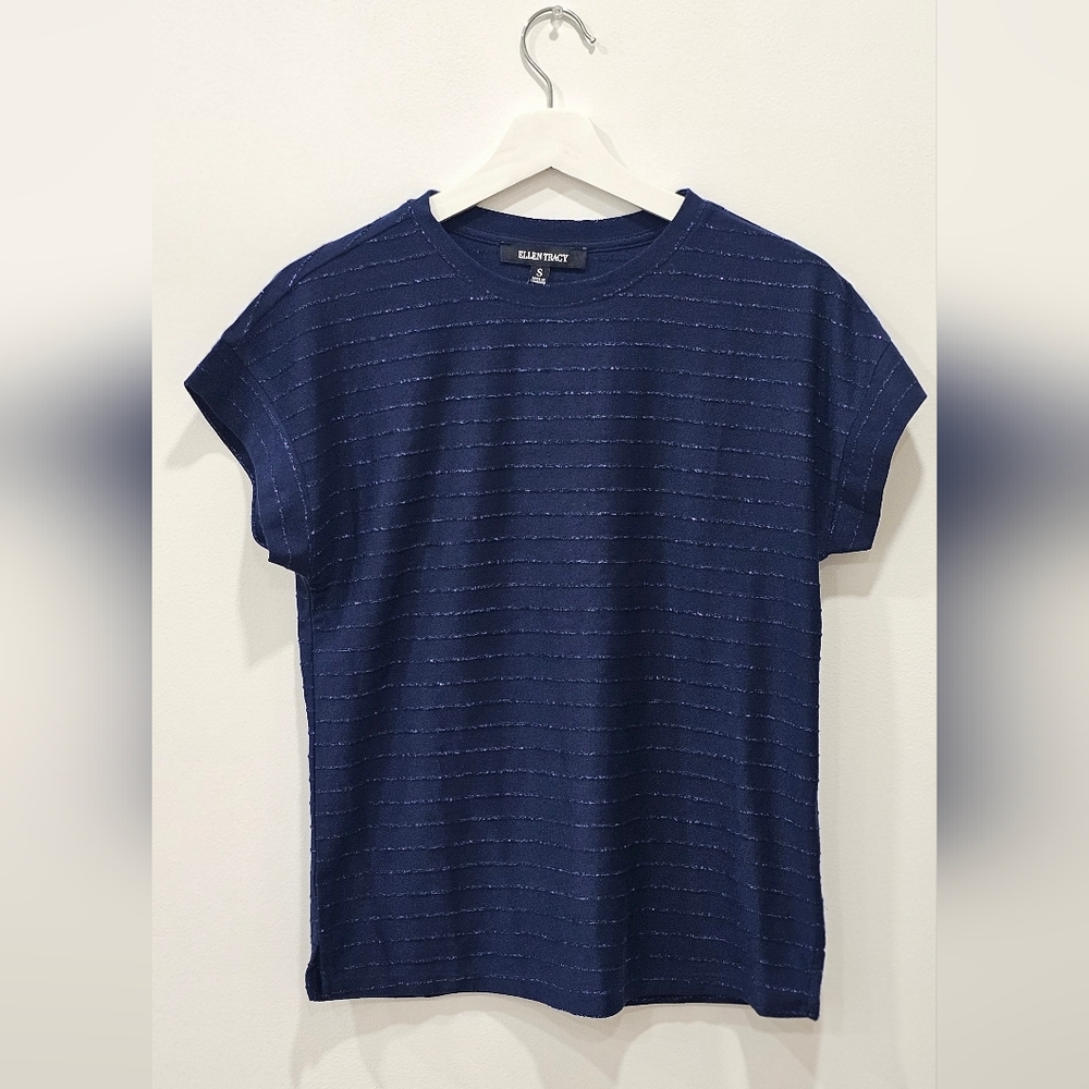 Ellen Tracy T Shirt Women Size S Navy Blue Stripes Short Sleeve Round Neck Top